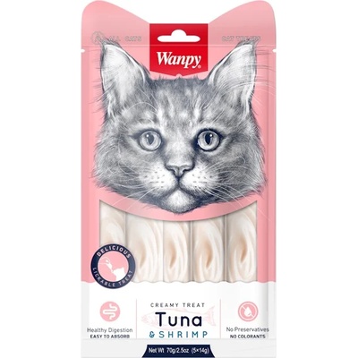 Wanpy Creamy Tuna & Shrimps 5 x 14гр - премиум клас кремообразно лакомство за котки с риба тон и скариди, 3 пакета х 5 порции (15 х 14 гр. )