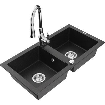 Mexen Mario двукоморна гранитна мивка с кухненски смесител Savita, черно/сребрист металик - 6504-73-672601-00 (6504-73-672601-00)