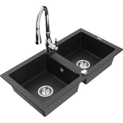 Mexen Mario двукоморна гранитна мивка с кухненски смесител Savita, черно/сребрист металик - 6504-73-672601-00 (6504-73-672601-00)