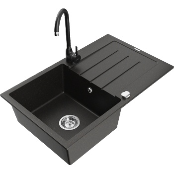 Mexen Bruno гранитна мивка с една камера и капковник и кухненски смесител Telma, черен/златен - 6513-75-670200-70 (6513-75-670200-70)