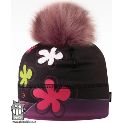 Dráče Flavio čepice pro zimní období s chlupatou bambulkou černá velké barevné květy