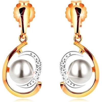 Šperky eshop zlaté náušnice dvoubarevná asymetrická slza bílá perla zirkony GG188.35
