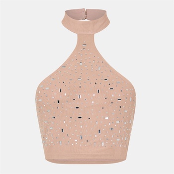 Image 1 of Missy Empire Rhinestone Embellished Halter Top - Nude