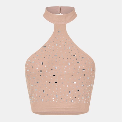 Missy Empire Rhinestone Embellished Halter Top - Nude