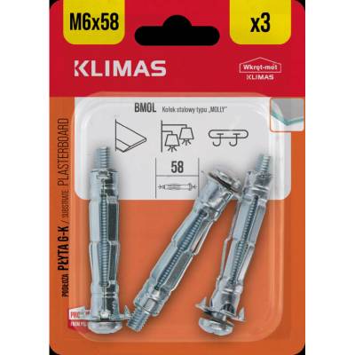 Klimas Wkret-Met 6x58mm - 3 ks - Hmoždinka rozperná oceľová do sadrokartónu "MOLLY" M6 x 58 blister, BMOL