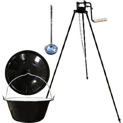Green home kotlík na guláš smalt 10 l, Green home speciální trojnožka s pojistný kladkou VAR 1,25 m na kotlík, Green home poklice smalt 34 cm, nerezová naběračka INOX