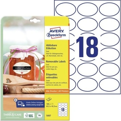Avery Zweckform Oválné etikety bílé 63,5 x 42,3 mm snímatelné 5087