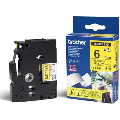 Páska do štítkovače Brother TZE-FX611, 6mm, černý tisk/žlutý podklad, flexibilní pás