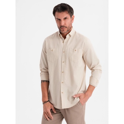 Ombre Clothing Мъжка памучна риза с класическа яка и джобове REGULAR FIT - кремаво Ombre Clothing | Byal | МЪЖЕ | S