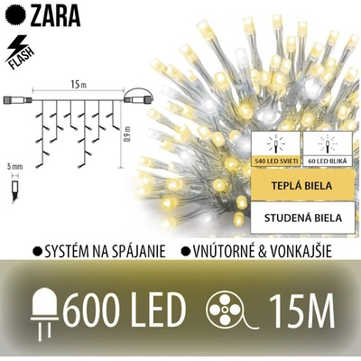 Zara led svetelná záclona vonkajšia flash - 600led - 15m teplá biela/flash prebliknutie studená biela - transparentný kábel