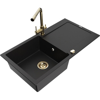 Mexen Leo гранитна кухненска мивка с 1 корито с отцедник и кухненски смесител Duero, черен - 6501-77-671600-50 (6501-77-671600-50)