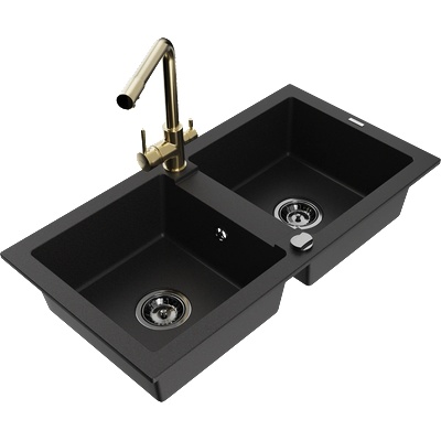 Mexen Mario гранитна мивка с 2 камери и кухненски смесител Duero, черен - 6504-77-671600-50-B (6504-77-671600-50-B)