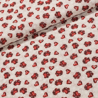 Směsové plátno vánoční VIXEN červená srdíčka na béžové s vločkami, š.140cm (látka v metráži)