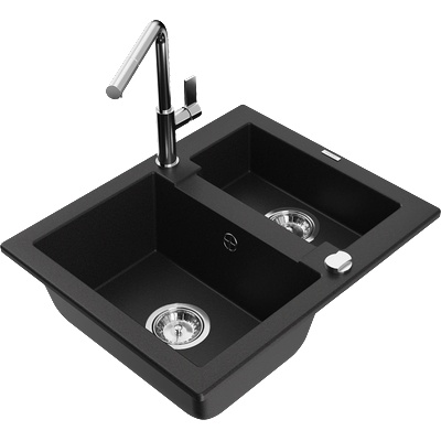 Mexen Carlos гранитна мивка с 1, 5 камери и кухненски смесител Flora, черен - 6518-77-670401-00 (6518-77-670401-00)