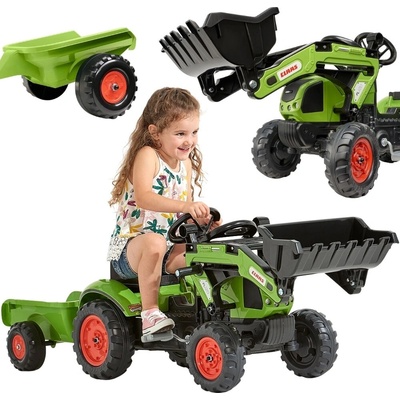 FALK Šlapací traktor Claas Arion 410 s nakladačem rypadlem a vlečkou – Sleviste.cz