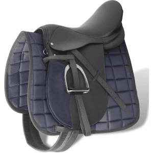 vidaXL К-т за яздене със седло от естествена кожа, черен 17, 5", 18 см, 5 в 1 (90645)