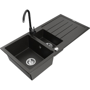 Mexen Andres гранитна мивка 1, 5-камерна с отцедник и кухненски смесител Telma, черен/златен - 6515-75-670200-70 (6515-75-670200-70)