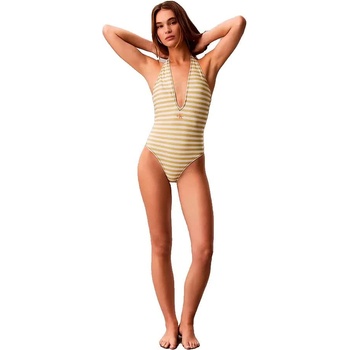 Calvin Klein Бански костюм Calvin klein LV00Q61216 swimsuit - Beige (20171 Cent Stripe / Party Lime)