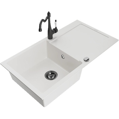 Mexen Leo гранитна мивка с 1 отделение и изтичане и кухненски смесител Carla, бял - 6501-20-670700-70 (6501-20-670700-70)