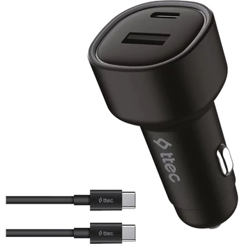 Ttec Зарядно 12V ttec SmartCharger Duo PD 48W Car Fast Charger USB-C+USB-A - USB-C-USB-C 3A Cable - Черно