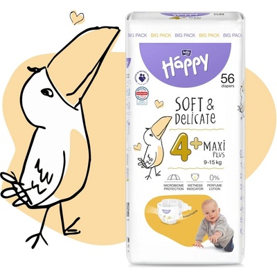 Bella Baby Happy Soft&Delicate 4+ Maxi Plus 9–15 kg 56 ks