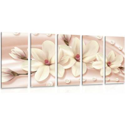 5-dílný obraz luxusní magnolie s perlami - 100x50
