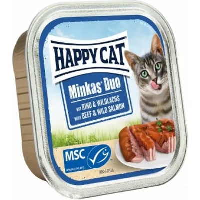 Happy Cat Minkas Duo Beef & Wild salmon - хапки в желе върху пастет за котки, с говеждо и дива сьомга, 100 гр, Германия - 70674
