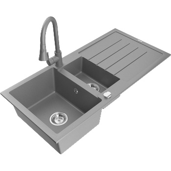 Mexen Andres гранитна кухненска мивка 1, 5-камерна с отцедник и кухненски смесител Elia, сив - 6515-71-670101-71 (6515-71-670101-71)