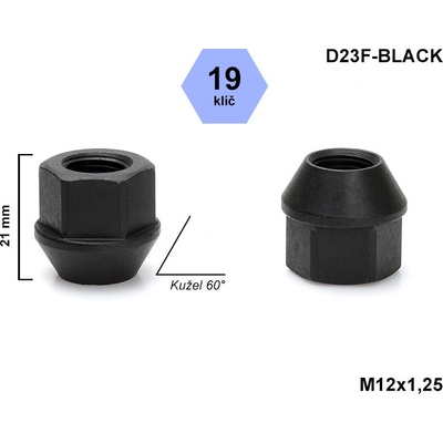 Kolová matice M12x1,25 kužel otevřená, klíč 19, černá, D23F-BLACK, výška 21