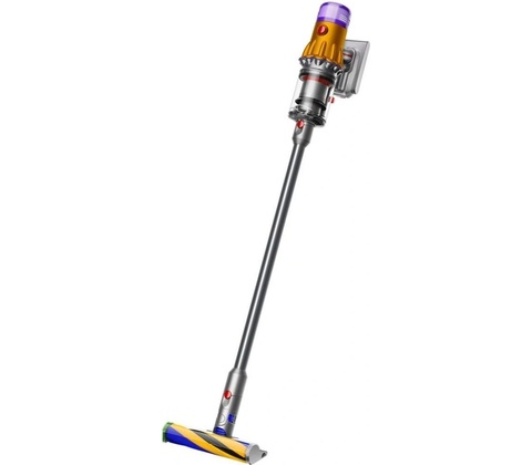 Dyson V12 Detect Slim Absolute 2023, stojící bezdrátový vysavač s hubicí.