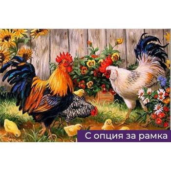 Диамантен Гоблен "Петел, Кокошка и Пиленца" - 30 x 40 см, Кръгли мъниста