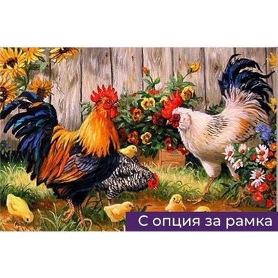 Диамантен Гоблен "Петел, Кокошка и Пиленца" - 30 x 40 см, Кръгли мъниста