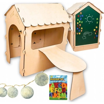 FunPlay Drevený detský domček s kriedovou tabuľou a stolíkom 86x137x105cm