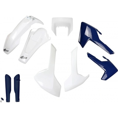 UFO kompletní sada plastů (FULL KIT) s kryty tlumičů HUSQVARNA TX/TE/FE 17-19 s krytem světla barva OEM (bílá/modrá) (HU621E999)