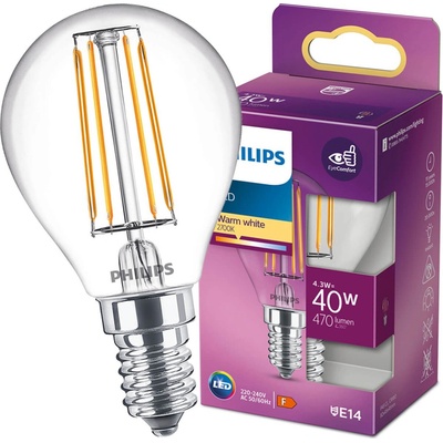 Philips LED žiarovka 1x4,3W E14 470lm 2700K teplá biela, číra, EyeComfort