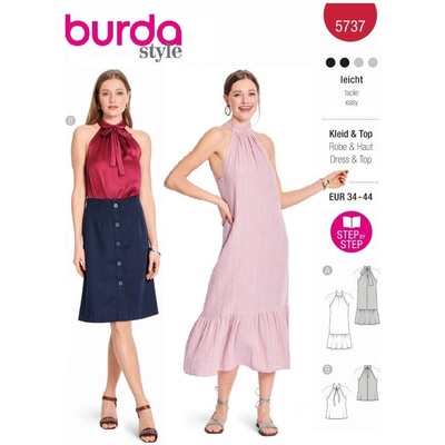 Střih Burda červený 5737 - volné šaty za krk, mušelínové šaty, top s nahými rameny – Zboží Dáma