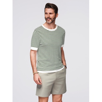 Ombre Clothing Мъжка морска раирана плетена тениска с ажурна плетка - маслинена и бяла Ombre Clothing | Zelen | МЪЖЕ | S