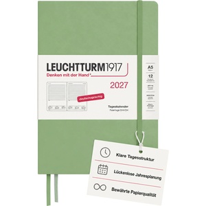 Leuchtturm1917 Daily Calendar 2027 Medium (A5) - German, sage, 145 x 210 mm, January-December (12 months), 1 page per day, hourly grid 7: 00 a. m. - 10: 00 p. m. , hardcover, 80 g/m2 paper - 400161 (400161)