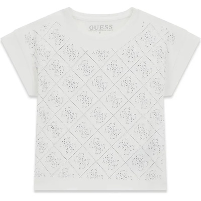 GUESS Бяла тениска за момиче с лога Guess изработени от камъчета