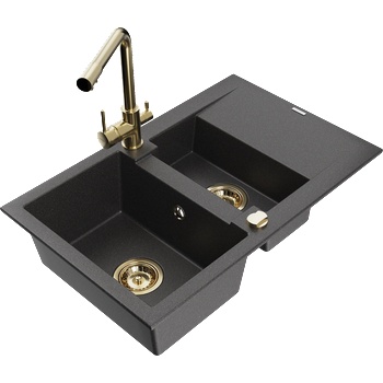 Mexen Gaspar гранитна мивка 1, 5-камерна с отцедник и кухненски смесител Duero, черно на пръски - 6507-76-671600-50 (6507-76-671600-50)