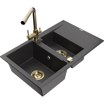 Mexen Gaspar гранитна мивка 1, 5-камерна с отцедник и кухненски смесител Duero, черно на пръски - 6507-76-671600-50 (6507-76-671600-50)