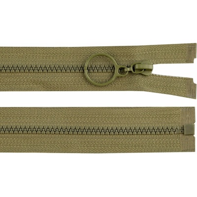 Zip kostěný dělitelný No 3 - s kroužkem barva 263 zelená khaki délka 60 cm