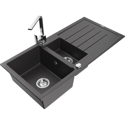 Mexen Andres гранитна мивка 1, 5-коморна с отцедник и кухненски смесител Rita, черен с пръски - 6515-76-670300-00 (6515-76-670300-00)
