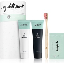 My White Secret Smile Beauty Care bělicí pásky na zuby + zubní pasta na den 65 g + zubní pasta na noc 65 g + bambusový zubní kartáček dárková sada