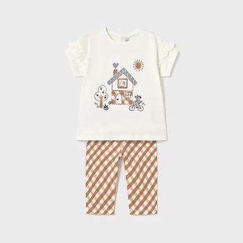 Mayoral Комплект клин каре карамел и бяла тениска с принт за мини момиче Майорал