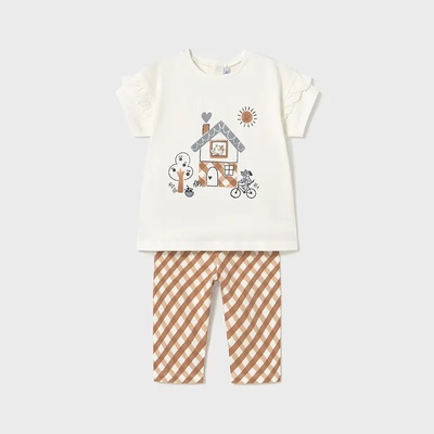 Mayoral Комплект клин каре карамел и бяла тениска с принт за мини момиче Майорал