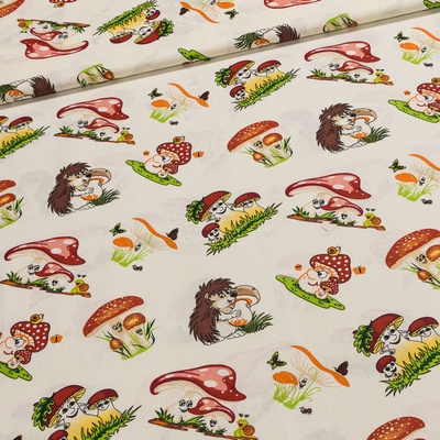 Bavlněné plátno dětské 103000/13486 ORIG. hříbky a ježek na smetanové, š.140cm (látka v metráži)