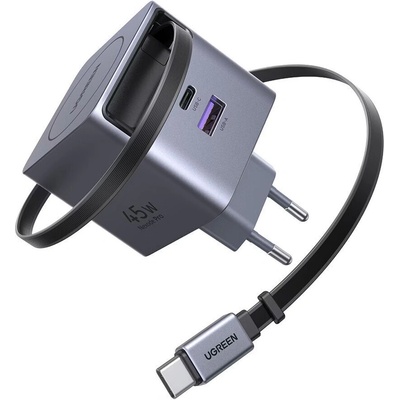 Захранване за ел. мрежа с вграден USB-C кабел и USB-A и USB-C изходи с технология за бързо зареждане - Ugreen X614 Nexode Pro Fast Wall Charger GaN 45W (тъмносив) (X614)