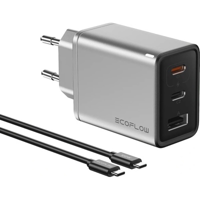 EcoFlow Rapid GaN Wall Charger 65W - захранване за ел. мрежа за лаптопи, смартфони и таблети с 2xUSB-C и 1xUSB-A изходи с USB-C кабел в комплекта (тъмносив)