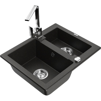 Mexen Carlos гранитна мивка с 1, 5 отделения с кухненски смесител Rita, черен/златист металик - 6518-75-670300-00 (6518-75-670300-00)